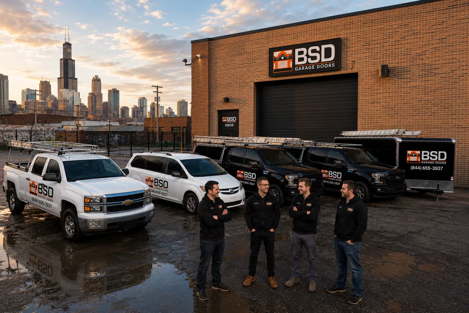 BSD Garage Doors crew outside the warehouse with service trucks