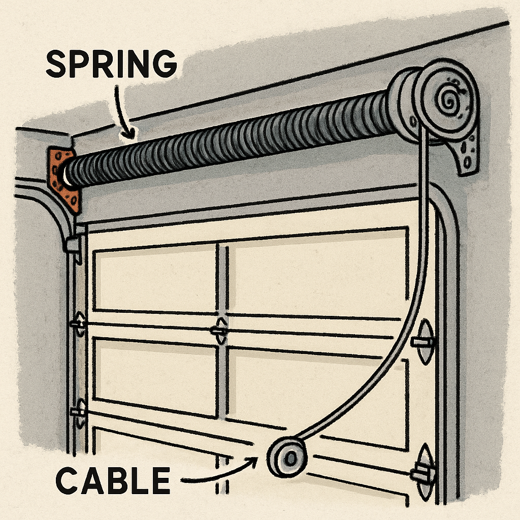 Illustration of garage door springs and cables