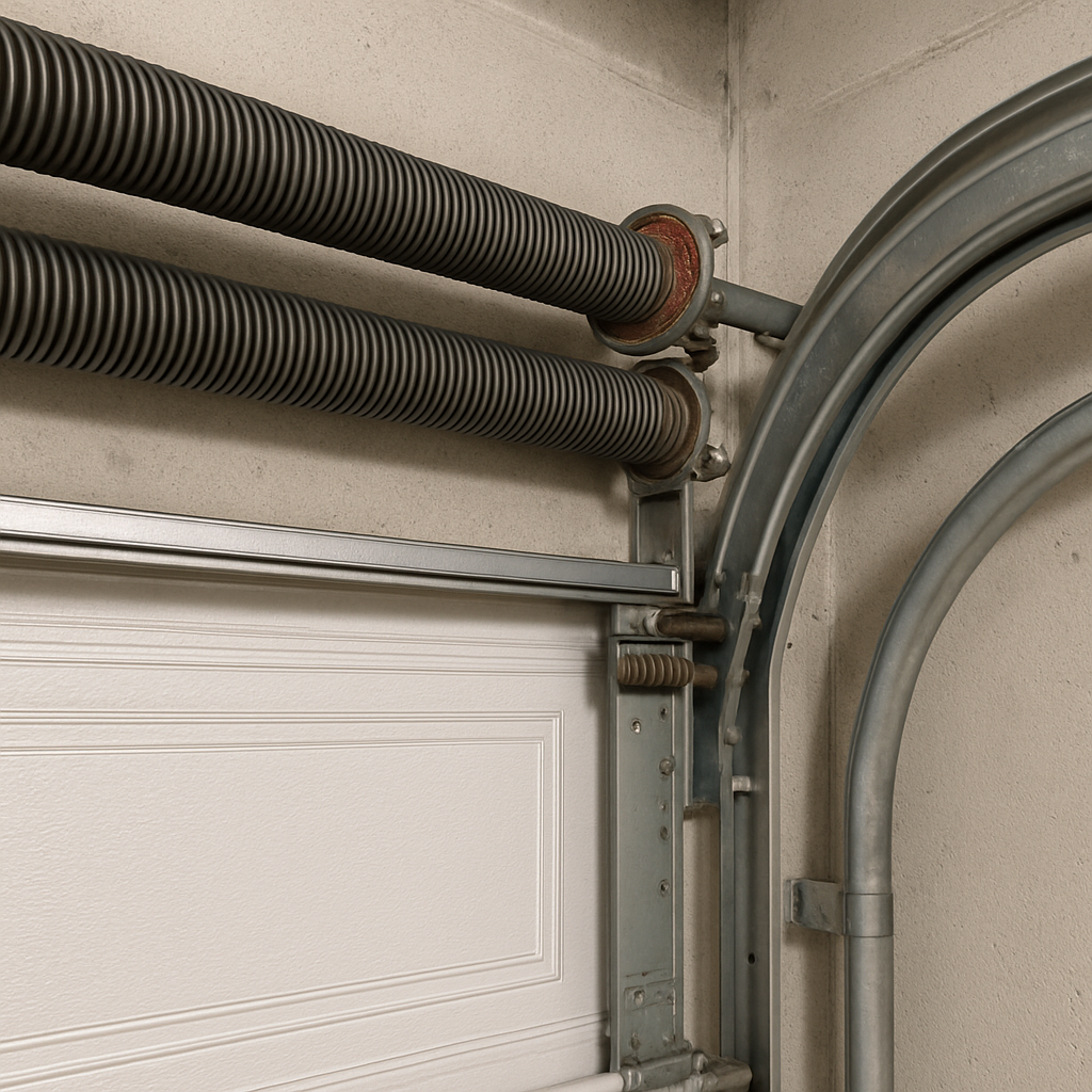 Close-up of garage door springs and tracks