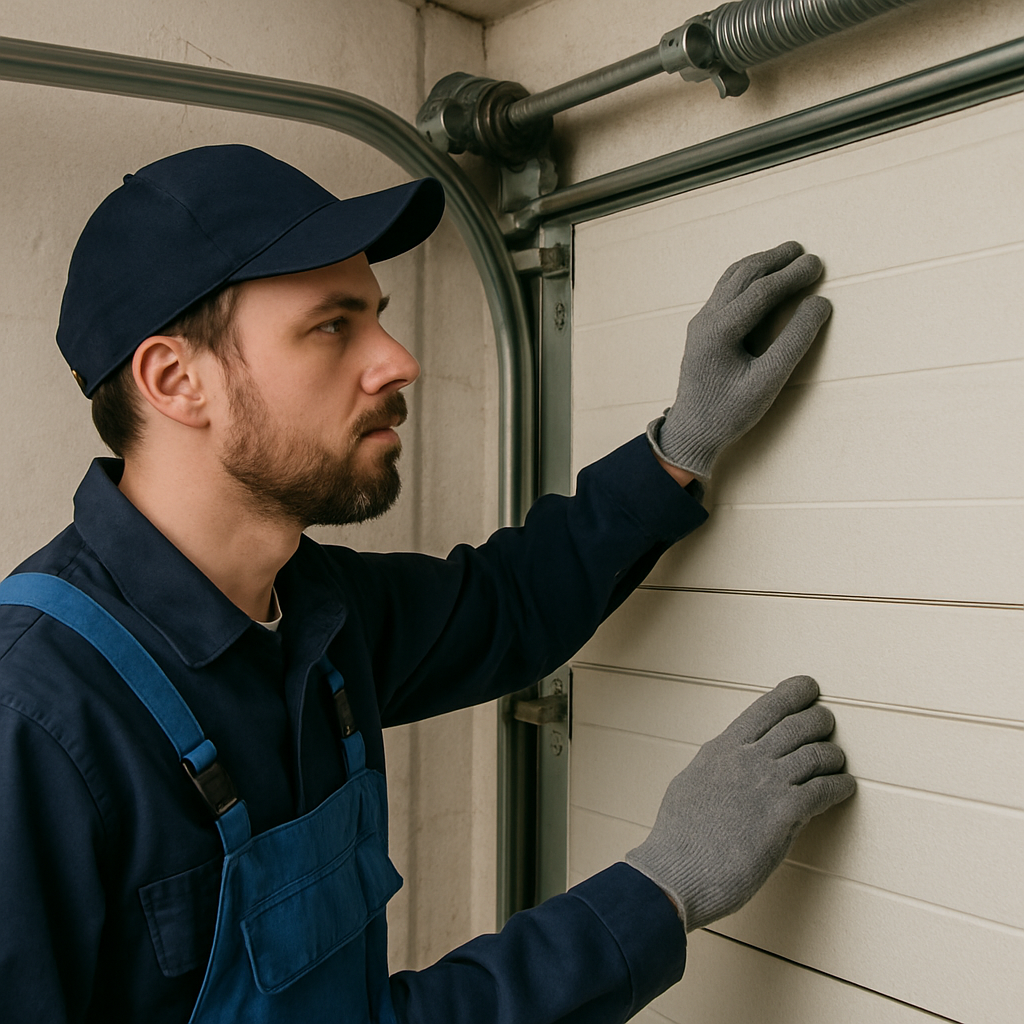 A maintenance technician examining a garage door