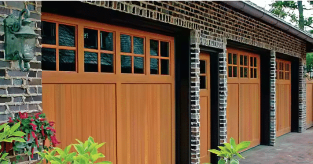 Three wood garage doors with window panes