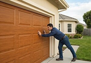 person working on a garage door