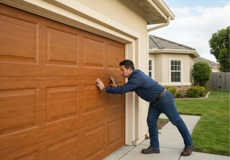 person working on a garage door